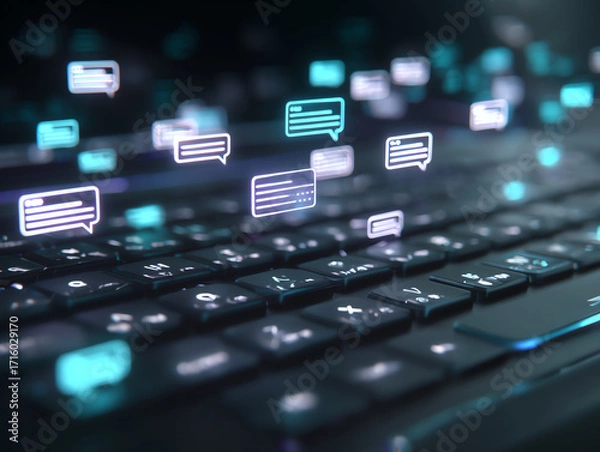 Obraz Modern keyboard with floating message icons representing communication.