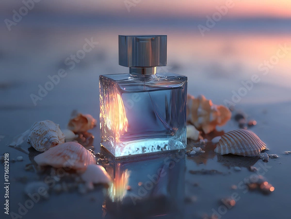 Obraz Elegant perfume bottle surrounded by seashells and soft light.