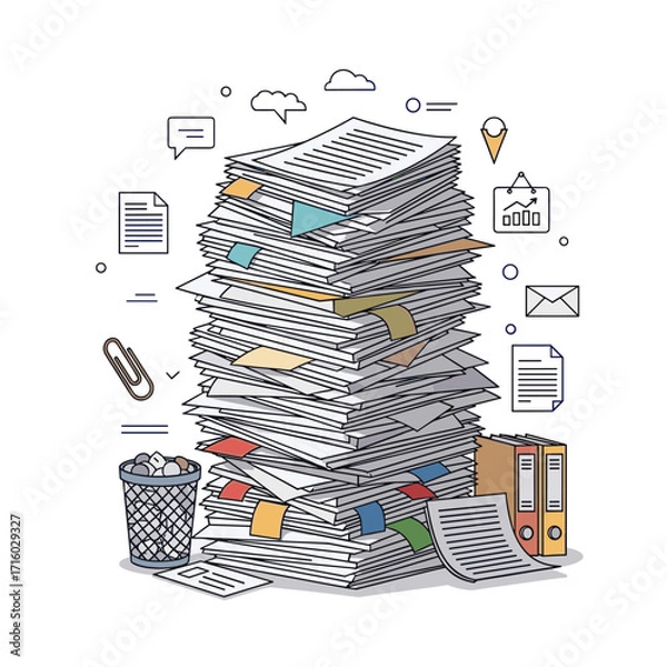 Fototapeta A massive stack of paperwork sits precariously near a trash bin and binders.