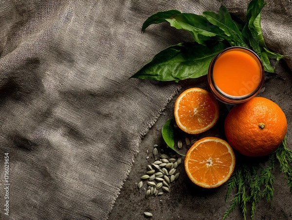 Obraz Fresh oranges and juice with green leaves on a textured surface.