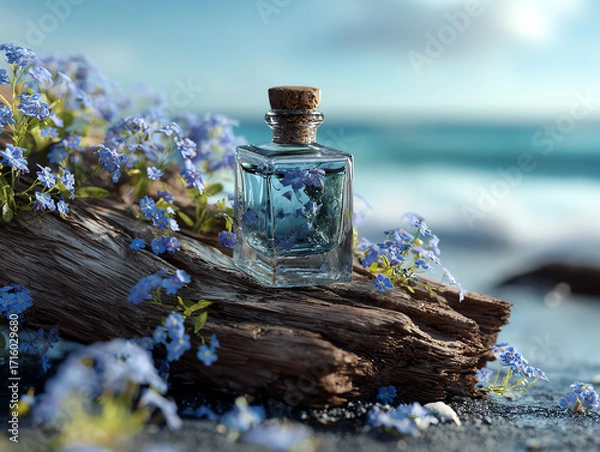 Obraz A vintage glass bottle on a log surrounded by delicate flowers.