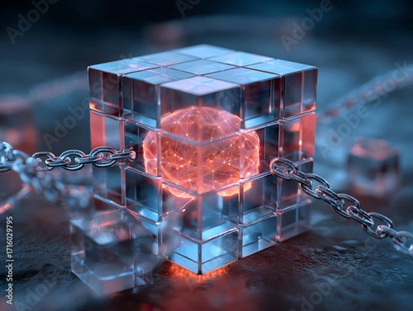 Obraz Abstract representation of a glowing cube with chains and energy.
