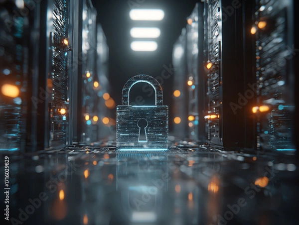 Obraz Digital lock in a futuristic server room with glowing elements.