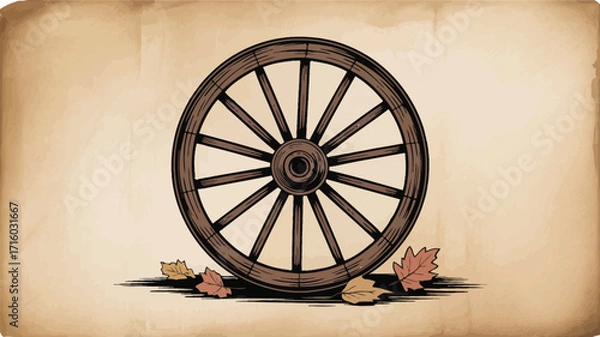 Fototapeta A wooden wagon wheel with spokes and a hubcap with fallen leaves on a vintage paper background art