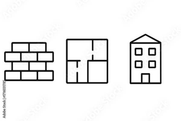 Fototapeta Building and construction icon set. Vector symbols of brick wall, floor plan, and house. Simple outline graphics for architecture, real estate projects, and web design.