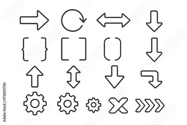 Fototapeta Arrow and bracket line icon set. Collection of simple outline symbols like gears, cogs, reload and direction pointers. Editable stroke vector icons for web, UI, UX, infographics.