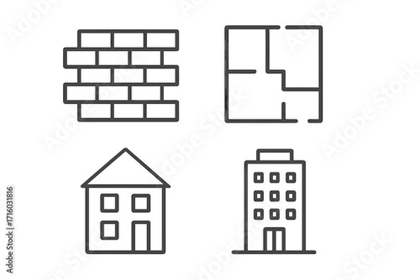 Fototapeta Building & construction line icon set. Architecture symbols for real estate. Includes brick wall, floor plan, residential house, and office block vector outline graphic signs.