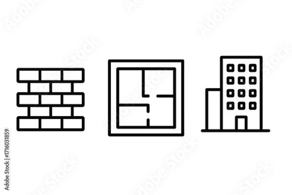 Fototapeta Construction and architecture icon set with brick wall, floor plan, and building. Simple vector line icons for real estate, engineering, and web design projects.