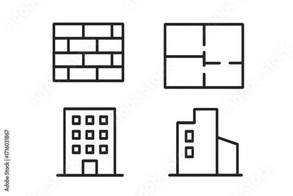 Fototapeta Building line icon set. Construction thin line symbols. Architecture outline icons. Vector brick wall, floor plan, office pictogram. Real estate graphic elements for web.