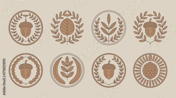 Fototapeta A collection of circular emblems featuring acorns leaves and floral designs in a vintage style aesthetic