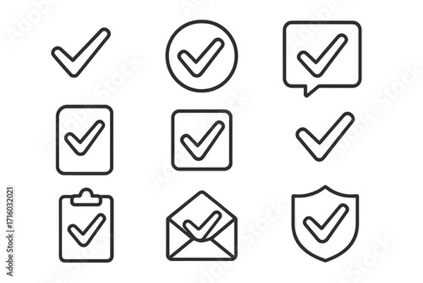Fototapeta Checkmark outline icon collection. Tick symbol for success, approval, and completion. Verified and approved concepts. Quality check, security shield, and done task icons.