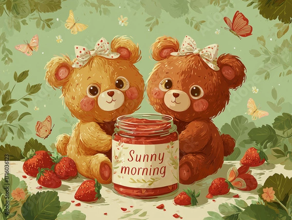 Fototapeta Two cute teddy bears with strawberry jam surrounded by butterflies