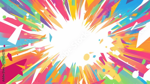 Obraz カラフルな虹色の光線が放射状に広がるシンプルでクリーンな構図のポップアート背景、マンガ風の描線が特徴で中央に余白あり、抽象的な使用用途に適した高画質デザイン