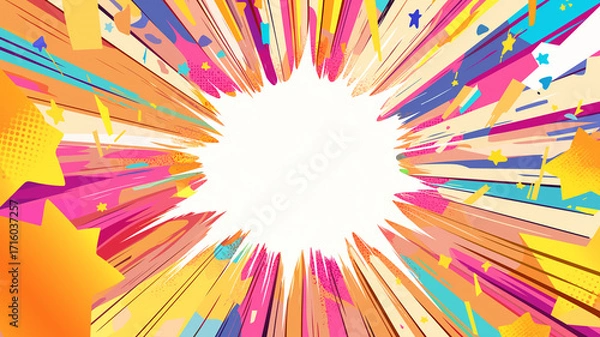 Fototapeta 放射状に広がるレインボーカラーとポップアート調の明快なラインで構成されたシンプルな背景、中央に余白がある構図が特徴の抽象イラスト素材、広告やプレゼン資料に最適