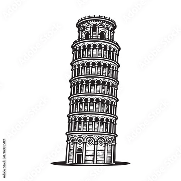 Obraz Hand drawn of pisa tower engraving vector illustration. Scratch board style imitation. Black and white hand drawn image.