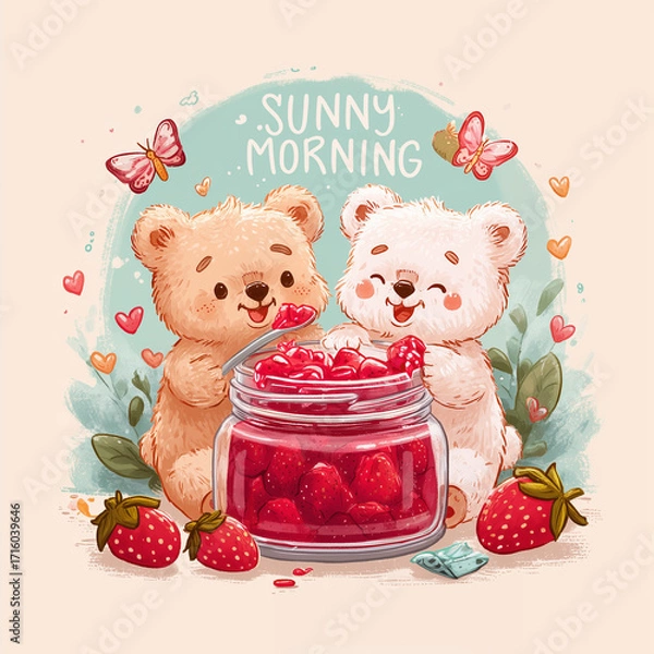 Fototapeta Two cute teddy bears enjoying raspberry jam with strawberries in morning  