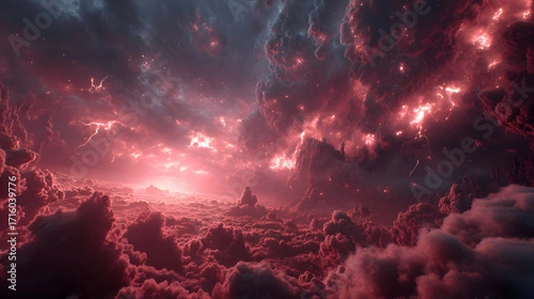 Fototapeta A hyper-detailed cosmic battlefield, angels with ablaze ethereal wings forming glowing phalanxes, halos pulsing with divine energy, storm-laden skies swirling with crimson lightning,