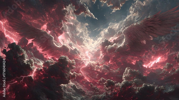 Fototapeta A hyper-detailed aerial scene of angelic and fallen wings entangled in chaotic battle, divine light radiating from the collision, crimson lightning crackling across the storm clouds,