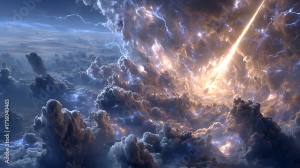Fototapeta A high-resolution cinematic shot of Archangel Michael piercing the storm clouds with a radiant spear, lightning fracturing the sky, fallen angels recoiling in chaotic motion,