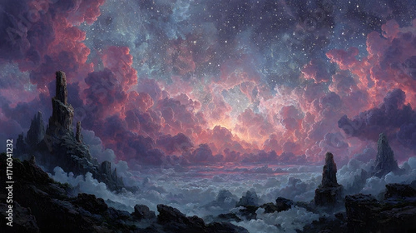Fototapeta A dreamy cosmic landscape showing shattered marble spires drifting through an infinite void, illuminated by divine golden rays and deep ethereal shadows, crimson and violet nebulae swirling behind,