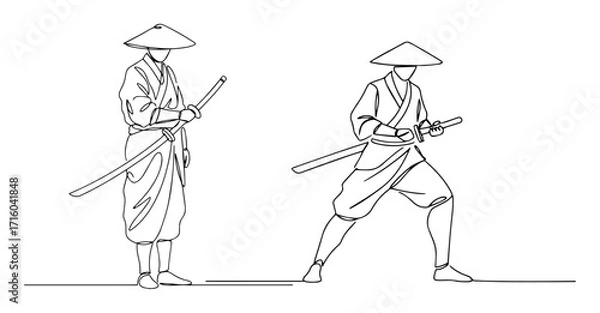 Fototapeta samurai duel with swords monoline vector oneline