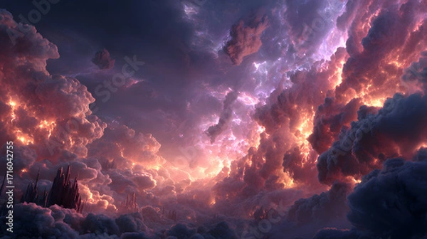 Fototapeta A cinematic wide-angle view of divine and fallen legions colliding mid-air, weapons glowing with divine fire, ethereal wings ablaze, swirling crimson clouds illuminated by violet lightning,