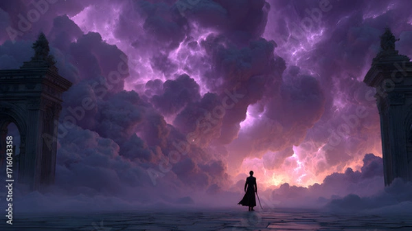 Fototapeta A cinematic silhouette of Lucifer standing defiantly before shattered heavenly gates, obsidian sword raised high, violet lightning crackling through swirling storm clouds above,