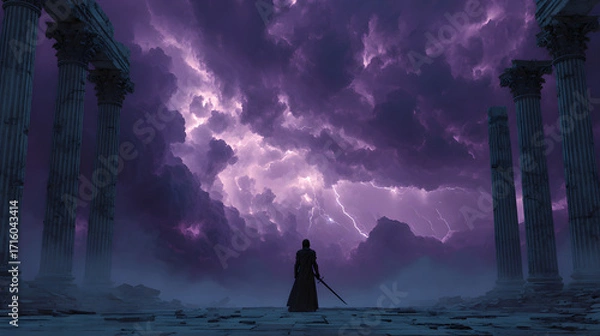 Fototapeta A cinematic silhouette of Lucifer standing defiantly before shattered heavenly gates, obsidian sword raised high, violet lightning crackling through swirling storm clouds above,