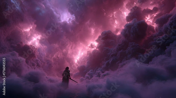 Fototapeta A cinematic shot of Lucifer leading the charge through a swirling vortex of violet lightning, eyes glowing with defiance, obsidian sword engulfed in dark fire, storm clouds churning in the background,