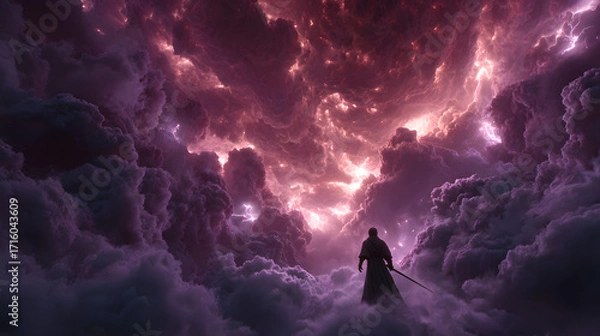 Fototapeta A cinematic shot of Lucifer leading the charge through a swirling vortex of violet lightning, eyes glowing with defiance, obsidian sword engulfed in dark fire, storm clouds churning in the background,