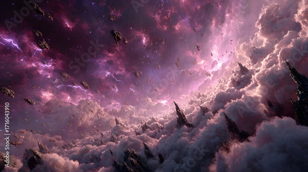 Fototapeta A cinematic high-resolution depiction of the War in Heaven, radiant golden angels forming divine phalanxes, shadowed rebel legions swarming through crimson storm clouds,