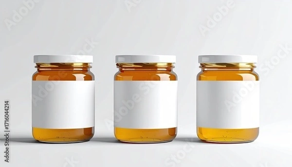 Fototapeta Three amber glass jars with white labels, gold lids, and honey-like contents, arranged in a row against a plain white background