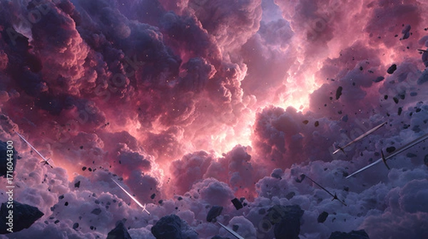 Fototapeta A cinematic cosmic war, divine and rebellious forces clashing mid-air, glowing swords, radiant spears colliding, ethereal wings ignited, storm clouds swirling crimson and violet,