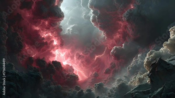 Fototapeta A cinematic depiction of divine light bursting through dark storm clouds, casting a glow on the sorrowful faces of fallen angels, their tattered wings drooping, crimson lightning splitting the sky,