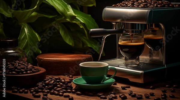 Fototapeta Tasse de café ou cappuccino avec machine à café et grains de café. Boisson chaude, ambiance chaleureuse, relaxante et sombre. Arrière-plan pour conception et création graphique.	