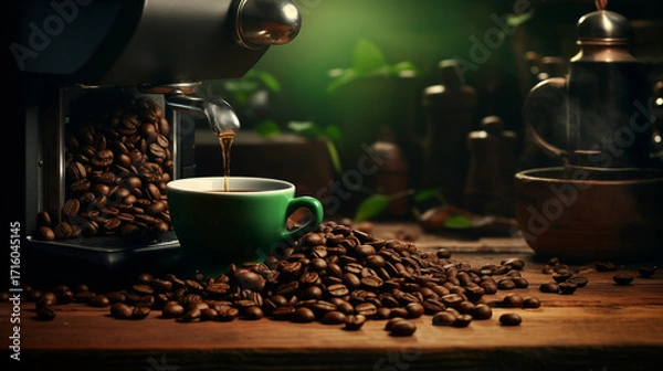 Fototapeta Tasse de café ou cappuccino avec machine à café et grains de café. Boisson chaude, ambiance chaleureuse, relaxante et sombre. Arrière-plan pour conception et création graphique.	