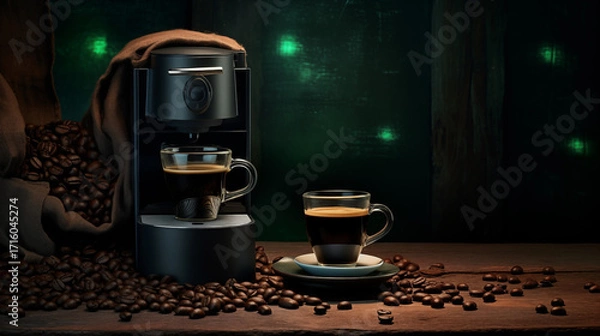 Fototapeta Tasse de café ou cappuccino avec machine à café et grains de café. Boisson chaude, ambiance chaleureuse, relaxante et sombre. Arrière-plan pour conception et création graphique.	