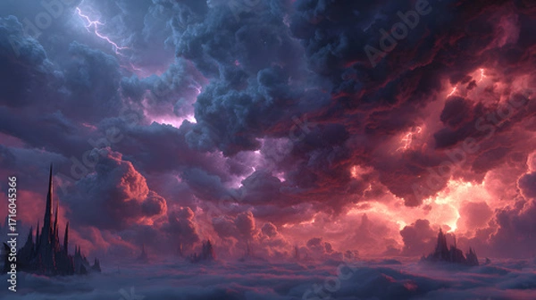 Fototapeta A cinematic battlefield scene showing Lucifer's dark legion advancing through cosmic storm clouds, obsidian sword aflame, shattered spires and fragments of heaven drifting above,