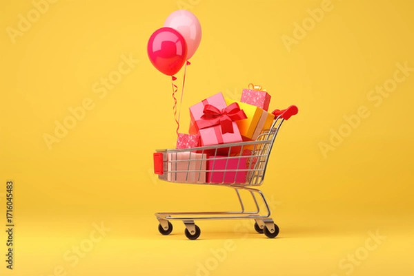 Obraz A shopping cart filled with colorful gift boxes and balloons against a yellow background
