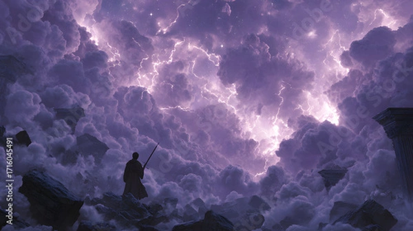 Fototapeta A cinematic battlefield of Lucifer silhouetted, obsidian sword raised, fragments of shattered marble gates floating around him, violet lightning arcing across storm clouds,