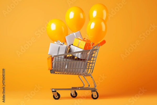Obraz A shopping cart filled with colorful gift boxes and balloons against a yellow background