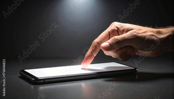 Fototapeta Touching Screen Hand Interacting with Smartphone Technology on Dark Surface