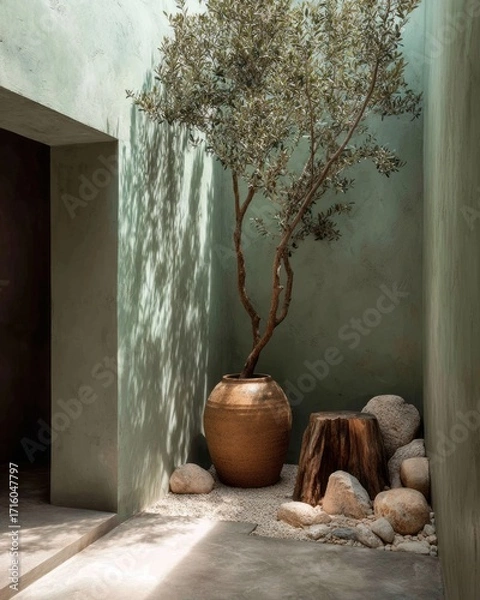 Obraz Serene courtyard garden with a terracotta pot, olive tree, and natural stones, bathed in soft sunlight.