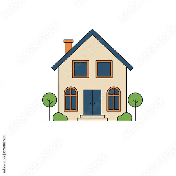 Fototapeta Flat Vector Illustration of Cozy Family House with Trees – Real Estate and Home Design Concept