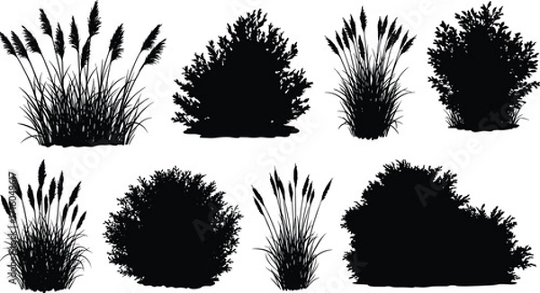 Fototapeta Bush and grass silhouette vector set with tall foliage, shrubs, and wild plants for nature, landscape, garden, and design themes