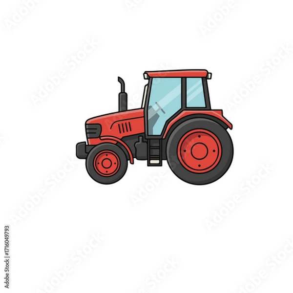Fototapeta Flat Vector Illustration of Red Farm Tractor Side View – Agriculture and Farming Vehicle