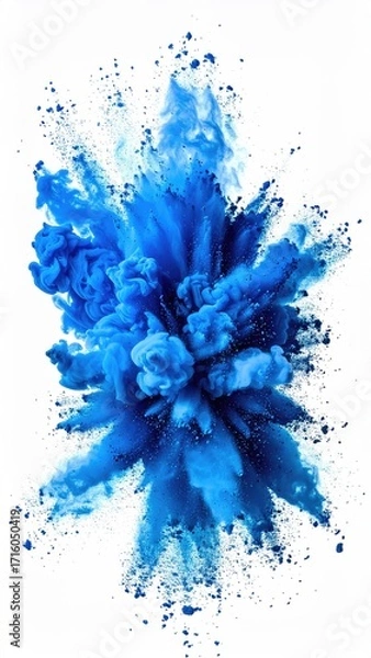 Fototapeta An explosion of vibrant cerulean blue paint, dynamic and energetic, against a stark white background.  Tiny blue spatters surround the main burst