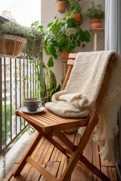 Obraz A light beige knitted blanket rests on a wooden folding chair on a balcony adorned with lush green plants.