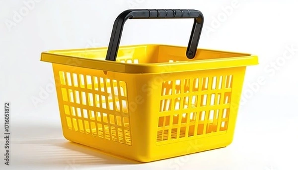 Fototapeta A bright yellow plastic shopping basket with a black handle, square-shaped with a grid pattern, sits on a white background