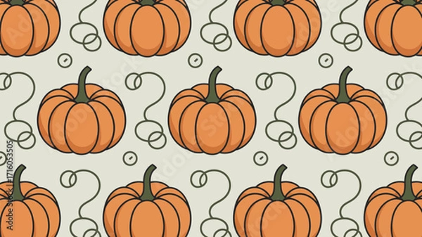 Fototapeta A seamless pattern featuring orange pumpkins with green stems and curly vines on a light background